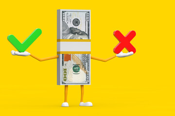Aufkleber - Stack of One Hundred Dollar Bills Person Character Mascot with Red Cross and Green Check Mark, Confirm or Deny, Yes or No Icon Sign. 3d Rendering