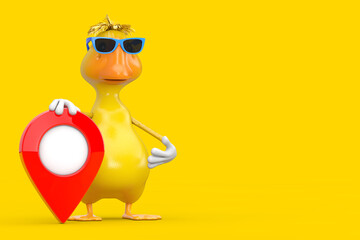 Fototapete - Cute Yellow Cartoon Duck Person Character Mascot with Red Map Pointer Target Pin. 3d Rendering