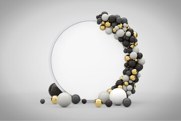 Poster - Abstract Presentation Circle Screen Podium with Balls and Free Space for Your Design. 3d Rendering