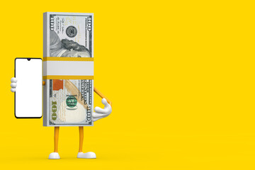 Fototapete - Stack of One Hundred Dollar Bills Person Character Mascot and Modern Mobile Phone with Blank Screen for Your Design. 3d Rendering
