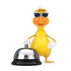 Poster - Cute Yellow Cartoon Duck Person Character Mascot with Hotel Service Bell Call. 3d Rendering