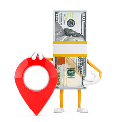 Leinwandbilder - Stack of One Hundred Dollar Bills Person Character Mascot with Red Map Pointer Target Pin. 3d Rendering
