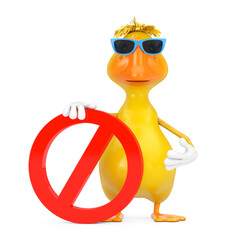 Aufkleber - Cute Yellow Cartoon Duck Person Character Mascot with Red Prohibition or Forbidden Sign. 3d Rendering