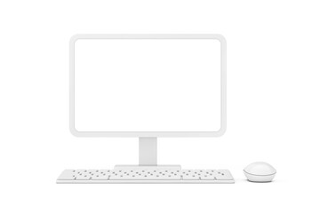 Leinwandbilder - Abstract Cartoon White Desktop Computer with Mouse, Keyboard and Blank Screen for Your Design in Clay Style. 3d Rendering