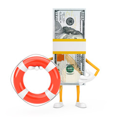 Leinwandbilder - Stack of One Hundred Dollar Bills Person Character Mascot with Life Buoy. 3d Rendering