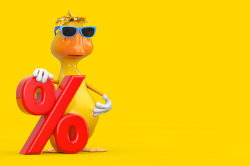 Aufkleber - Cute Yellow Cartoon Duck Person Character Mascot with Red Retail Percent Sale or Discount Sign. 3d Rendering