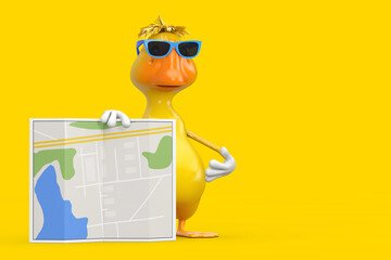 Poster - Cute Yellow Cartoon Duck Person Character Mascot with Abstract City Plan Map. 3d Rendering