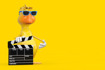 Aufkleber - Cute Yellow Cartoon Duck Person Character Mascot with Movie Clapper Board. 3d Rendering