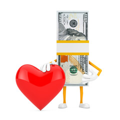 Aufkleber - Stack of One Hundred Dollar Bills Person Character Mascot with Red Heart. 3d Rendering