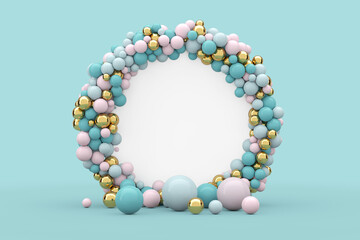 Poster - Abstract Presentation Circle Screen Podium with Balls and Free Space for Your Design. 3d Rendering
