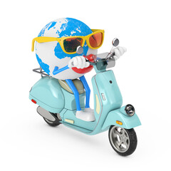 Poster - Fun Cartoon Fashion Hipster Cut Earth Globe Person Character Mascot Riding Classic Vintage Retro or Electric Scooter. 3d Rendering