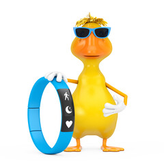 Aufkleber - Cute Yellow Cartoon Duck Person Character Mascot with Blue Fitness Tracker. 3d Rendering