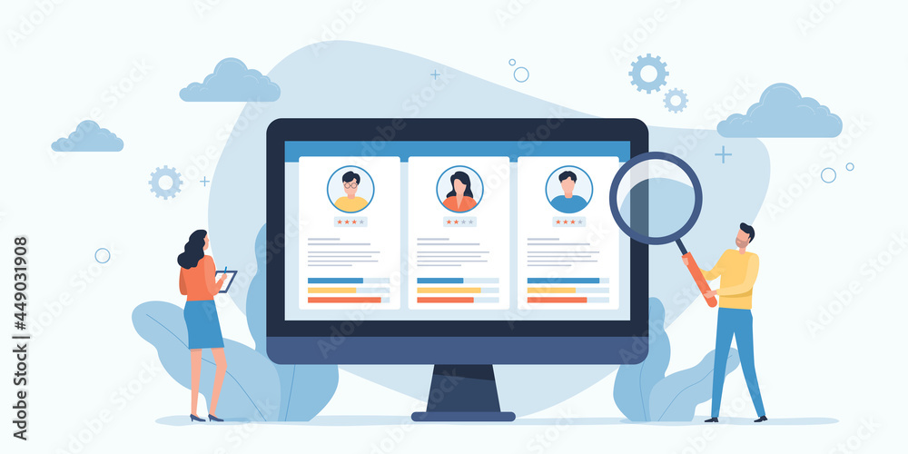 flat illustration business team research people Profile for job hiring and online interview with video conference meeting concept - obrazy, fototapety, plakaty 