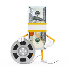 Leinwandbilder - Stack of One Hundred Dollar Bills Person Character Mascot with Film Reel Cinema Tape. 3d Rendering