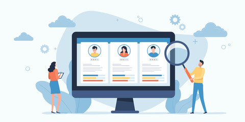 Leinwandbilder - flat illustration business team research people Profile for job hiring and online interview with video conference meeting concept