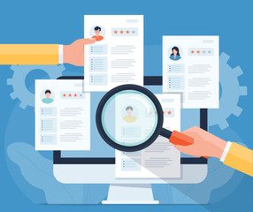 Fototapete - flat illustration business team research people Profile for job hiring and online interview with video conference meeting concept