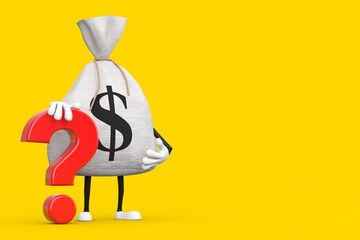 Poster - Tied Rustic Canvas Linen Money Sack or Money Bag and Dollar Sign Person Character Mascot with Red Question Mark Sign. 3d Rendering