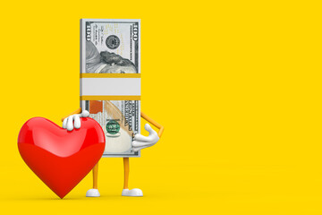 Poster - Stack of One Hundred Dollar Bills Person Character Mascot with Red Heart. 3d Rendering