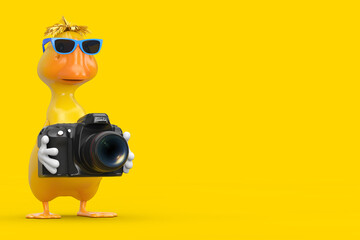 Aufkleber - Cute Yellow Cartoon Duck Person Character Mascot with Modern Digital Photo Camera. 3d Rendering