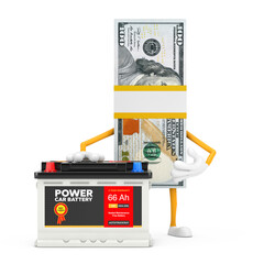 Aufkleber - Stack of One Hundred Dollar Bills Person Character Mascot and Rechargeable Car Battery 12V Accumulator with Abstract Label. 3d Rendering
