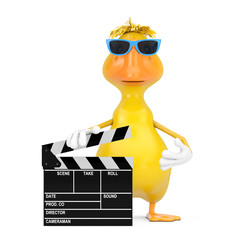 Aufkleber - Cute Yellow Cartoon Duck Person Character Mascot with Movie Clapper Board. 3d Rendering