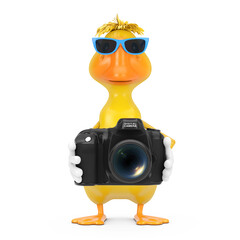Aufkleber - Cute Yellow Cartoon Duck Person Character Mascot with Modern Digital Photo Camera. 3d Rendering
