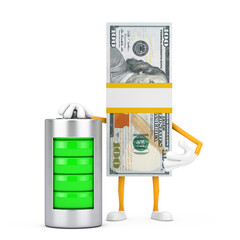 Aufkleber - Stack of One Hundred Dollar Bills Person Character Mascot with Abstract Charging Battery. 3d Rendering