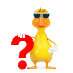 Poster - Cute Yellow Cartoon Duck Person Character Mascot with Red Question Mark Sign. 3d Rendering