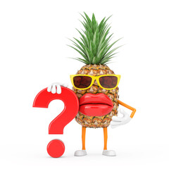 Fototapete - Fun Cartoon Fashion Hipster Cut Pineapple Person Character Mascot with Red Question Mark Sign. 3d Rendering