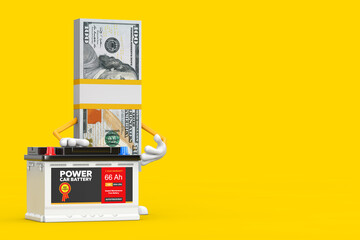 Leinwandbilder - Stack of One Hundred Dollar Bills Person Character Mascot and Rechargeable Car Battery 12V Accumulator with Abstract Label. 3d Rendering