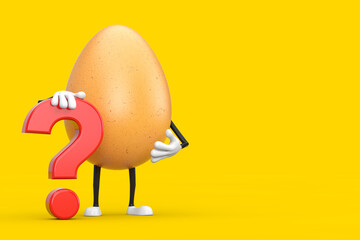Fototapete - Brown Chicken Egg Person Character Mascot with Red Question Mark Sign. 3d Rendering