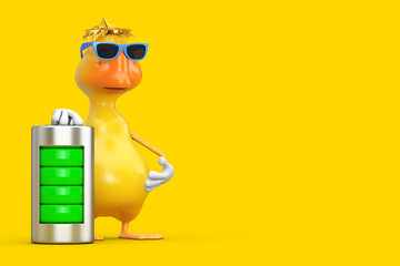 Poster - Cute Yellow Cartoon Duck Person Character Mascot with Abstract Charging Battery. 3d Rendering