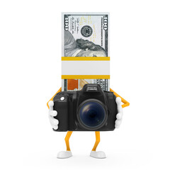 Aufkleber - Stack of One Hundred Dollar Bills Person Character Mascot with Modern Digital Photo Camera. 3d Rendering