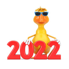 Aufkleber - Cute Yellow Cartoon Duck Person Character Mascot with Red 2022 New Year Sign. 3d Rendering