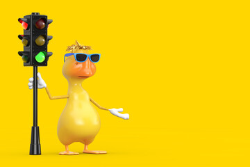 Poster - Cute Yellow Cartoon Duck Person Character Mascot with Traffic Green Light. 3d Rendering