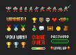 © VRTX - Pixel art 8 bit winner trophy cups and medals with game loot icons for arcade design. Level up with character animation scene design. Retro video game elements