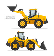 Big Wheel Front Loader Truck With Raised And Lowered Bucket On White Background Vector Illustration. Flat Design Front-end Loader. Construction Machinery
