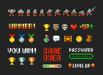 Poster - Pixel art 8 bit winner trophy cups and medals with game loot icons for arcade design. Level up with character animation scene design. Retro video game elements