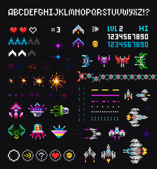 Poster - Pixel Art 8 bit arcade video game creator set with font alphabet, ufo aliens, space ships, rockets, explosion. Retro 8 bit computer game. Pixelated Space arcade elements template vector illustration