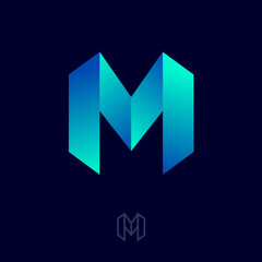 Poster - M letter at origami style. Abstract emblem. M monogram consist of light-blue bent strips or ribbons.