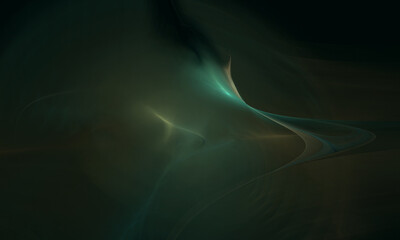 Wall Mural - Abstract 3d substance fluttering and creating glowing wave in space. Science fiction concept in green turquoise orange colors. Great for design as background or element. Digital art.