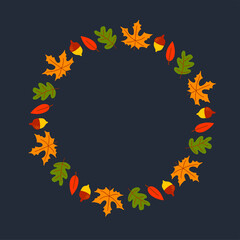 Sticker - Vector wreath of autumn leaves and fruit in watercolor style. Beautiful round wreath of yellow and red leaves, acorns, berries, cones and branches. Decor for invitations, greeting cards, posters.