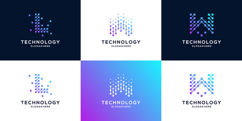 Abstract Digital technology with initial letter L and W logo design collection