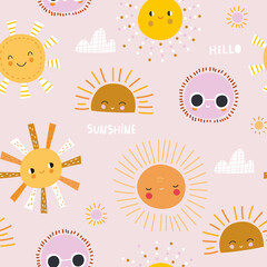 Creative childish pattern with sun, clouds. Vector childish seamless texture for fabric, wallpaper, textile.