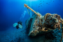 A Scuba Diver Explores A Sunken Sailboat Shipwreck In The Ocean