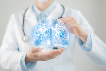 Wall Mural - Unrecognizable doctor holding highlighted handrawn Lungs in hands. Medical illustration, template, science mockup.