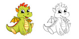 Fototapeta  - Cute cartoon dragon. Color and black/white illustration for coloring book
