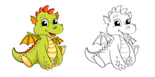 Cute Cartoon Dragon. Color And Black/white Illustration For Coloring Book
