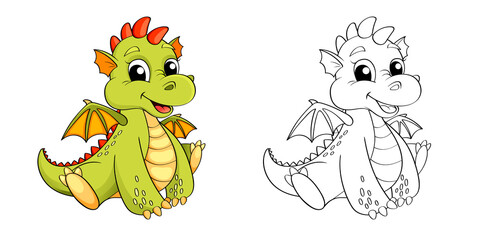 Cute cartoon dragon. Color and black/white illustration for coloring book