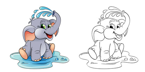 Cartoon elephant which pours himself with water. Color and black white vector illustration for coloring book